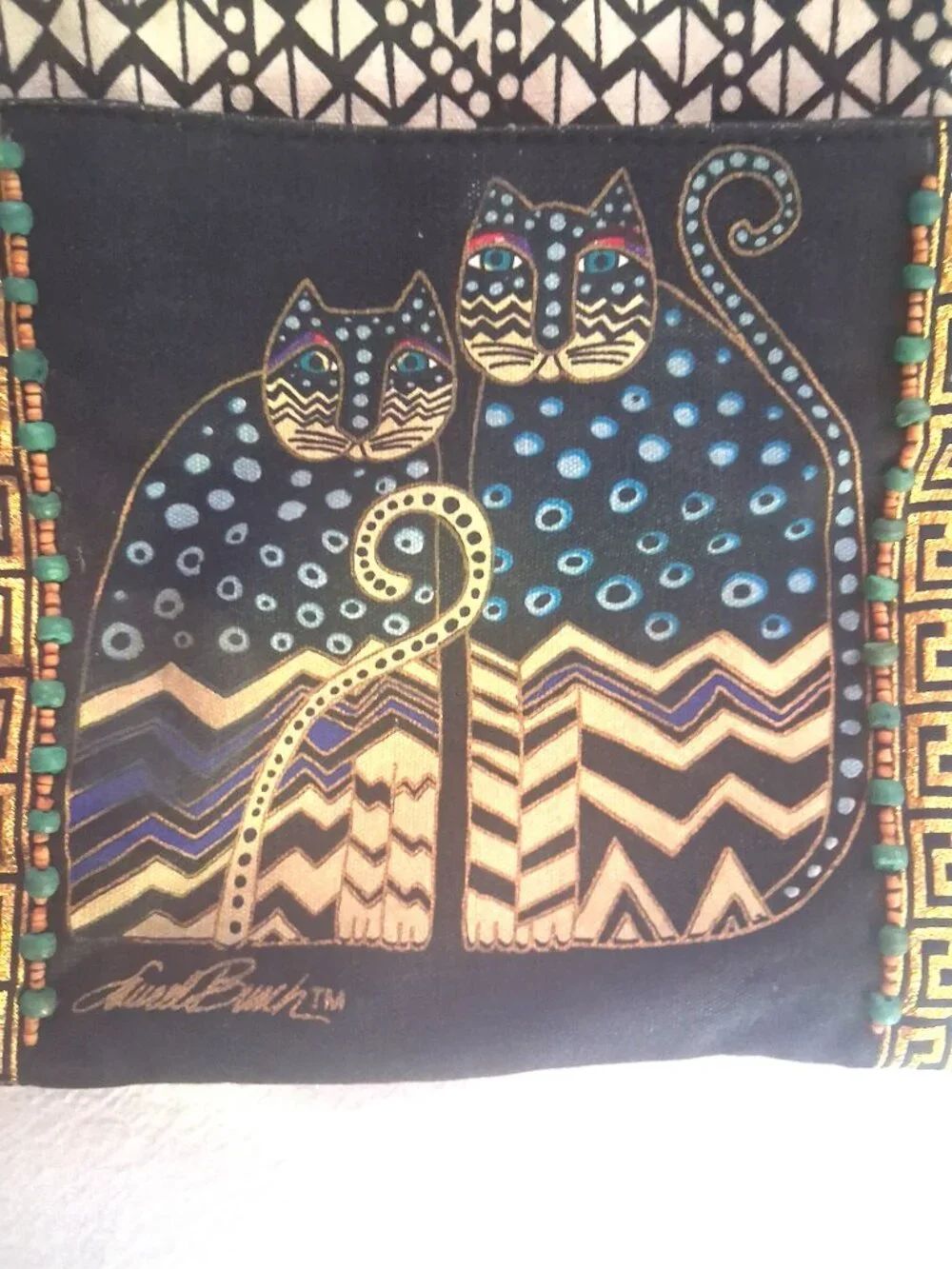 Vintage Y2K LAUREL BURCH Beaded Egyptian Cat Crossbody Handbag Purse Boho Retro